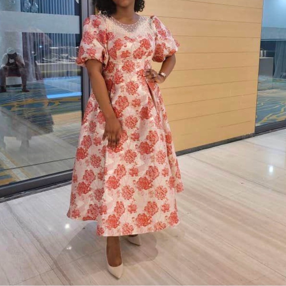 Cream A-Line Midi Dress with Puff Sleeves for Wedding Guest